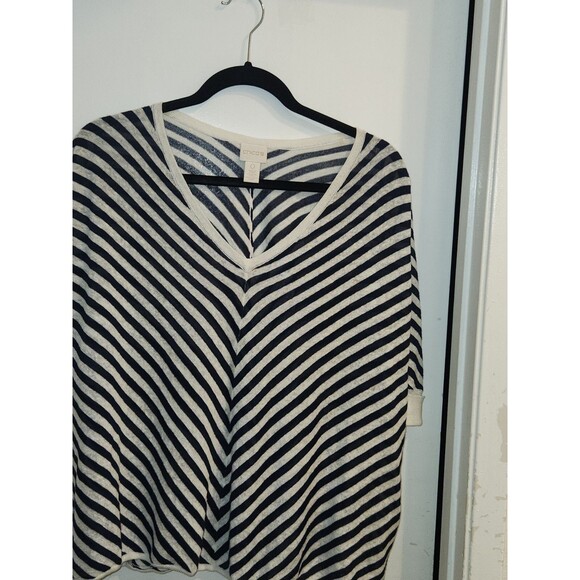 Chico's‎ Women's 0(4/6) White/Navy Striped Linen Blend V-Neck Dolman  Sleeve Top - Picture 1 of 8